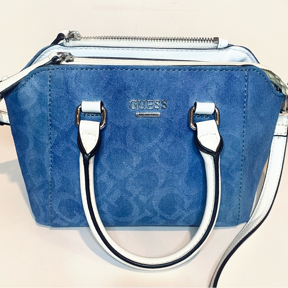 Guess Denim Logo Satchel Quattro G Convertible Crossbody Purse Blue Monogram